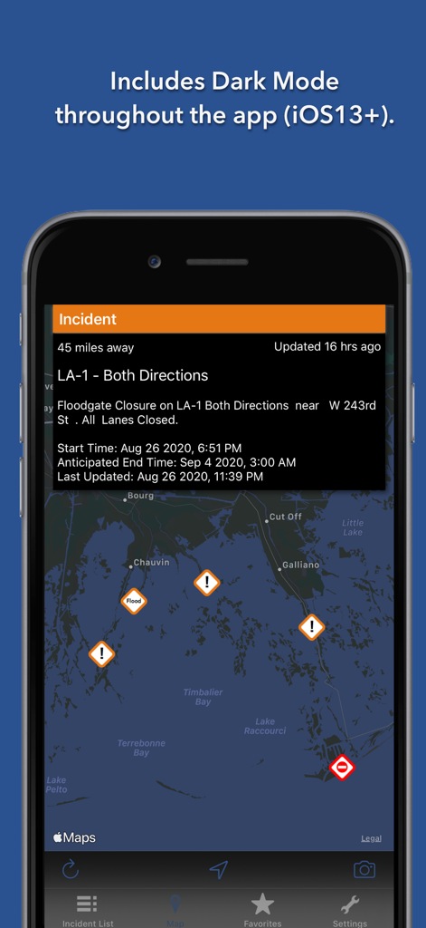Louisiana State Roads app screenshot showing a traffic incident on a dark mode map interface