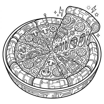 Prepare for a culinary journey into the future with this unique deep dish pizza coloring page. Featuring a bold fusion of hearty pizza and intricate cyberpunk aesthetics, it promises a truly captivating coloring experience for all ages.