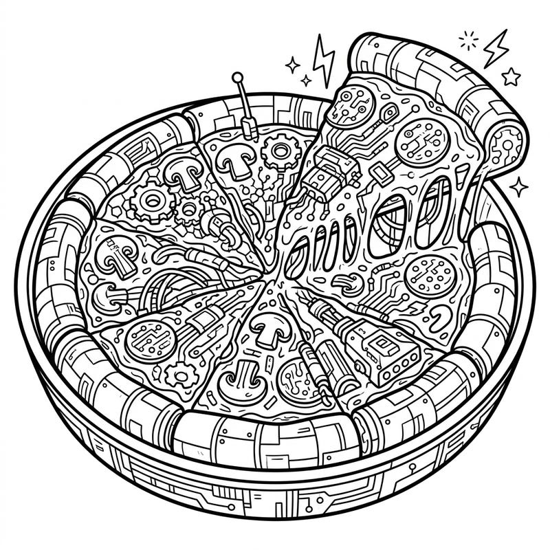 Prepare for a culinary journey into the future with this unique deep dish pizza coloring page. Featuring a bold fusion of hearty pizza and intricate cyberpunk aesthetics, it promises a truly captivating coloring experience for all ages.