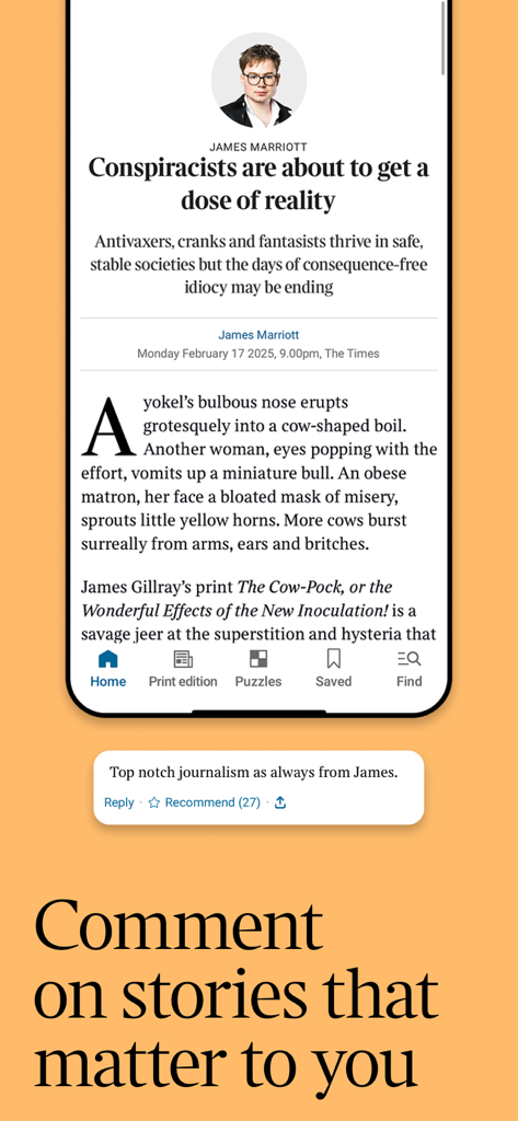 Una interfaz móvil de la aplicación The Times que muestra un artículo de noticias con una sección de comentarios de lectores y el titular Comenta sobre las noticias que te importan.
