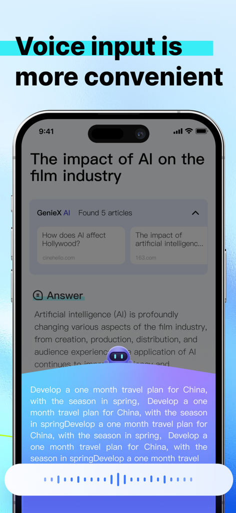 GenieX - AI Chat - Tela de smartphone mostrando o recurso de entrada de voz do GenieX AI Chat e resultados de pesquisa em tempo real