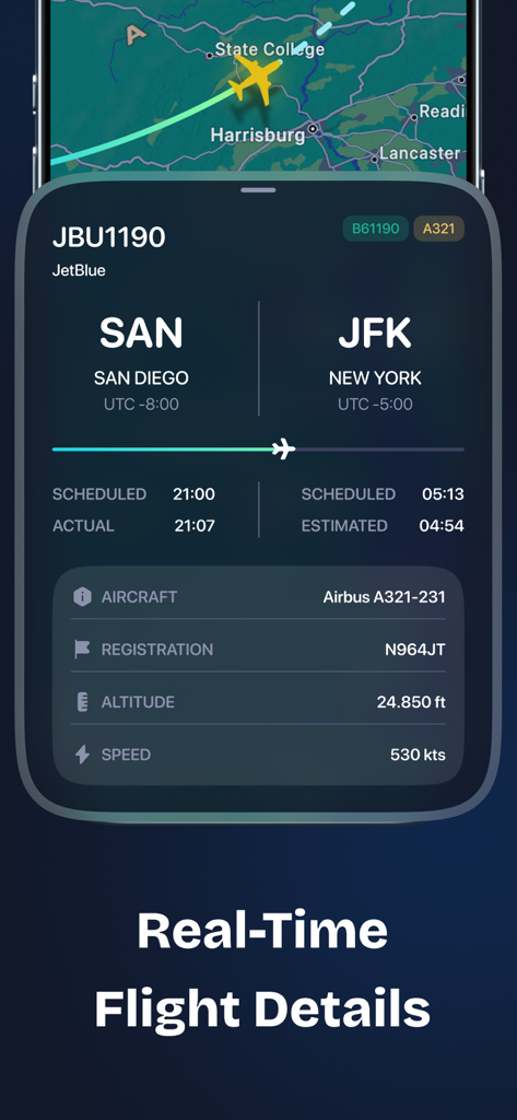 Sky Radar: Live Flights - Interfaz de la aplicación Sky Radar mostrando detalles de vuelo en tiempo real para un vuelo de JetBlue de San Diego a Nueva York, incluida la altitud y la velocidad.