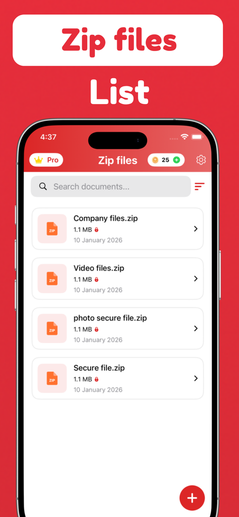 Interface do aplicativo Kit de Ferramentas de Arquivos Zip mostrando uma lista de arquivos zip criptografados em um iPhone.