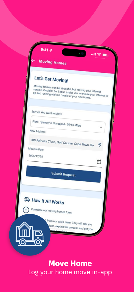 Webafrica app - Interface of the Webafrica app showing a form to log a home move request