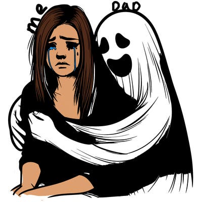 realistic girl crying but a ghost is huging her