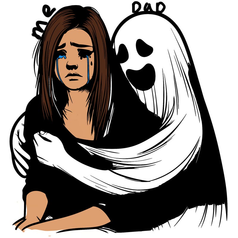 realistic girl crying but a ghost is huging her