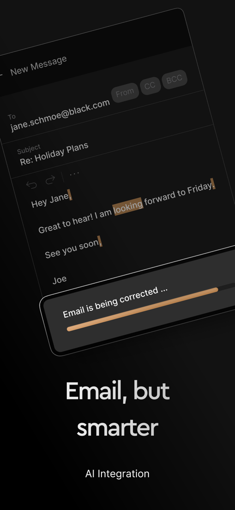 The black.com app interface showing an AI integration feature correcting an email draft.