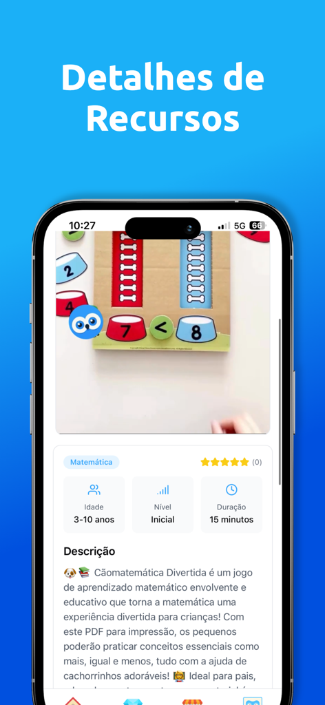 Pedagoteca - Pedagoteca app screen showing details for a children's math game with video and printable resources