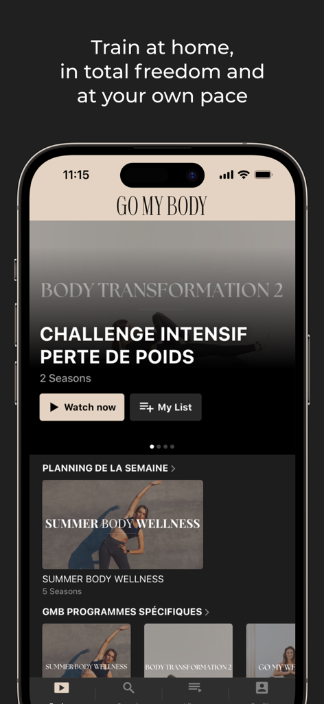 Go my body - Interfaz de la aplicación móvil Go my body que muestra varios programas de entrenamiento de fitness y bienestar para mujeres