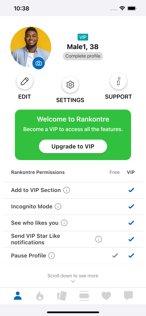 Rankontre: Match. Chat. Date. - User profile and VIP settings menu in the Rankontre Haitian dating app showing premium features like incognito mode and profile pausing.