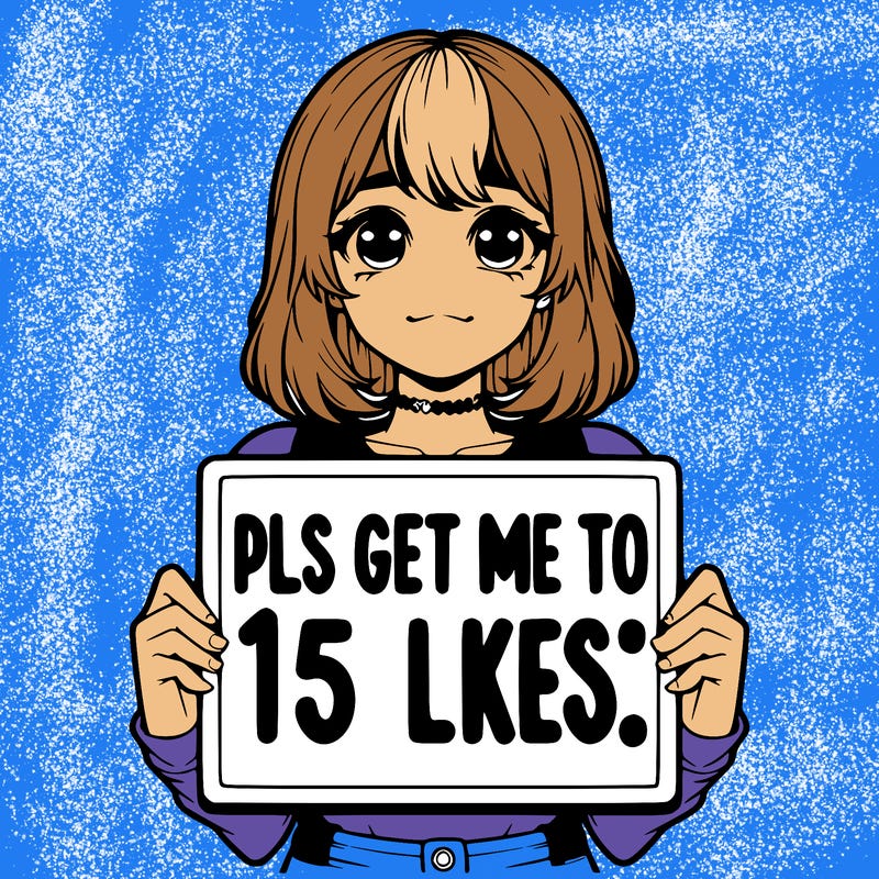 realistic girl holding up a sign that says “pls get me to 15 likes!”