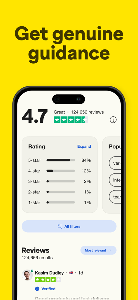 Trustpilot: Reviews & Ratings - Trustpilot 모바일 앱 화면, 실제 지침 받기 헤드라인 아래 회사 평점 및 검증된 고객 후기 표시