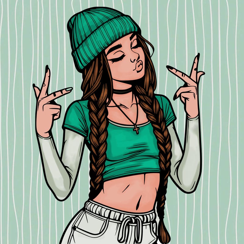realistic teenage girl with braids and a beanie and crop top doing 🫶🏼