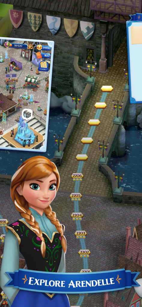 Anna from Disney Frozen on a level progression map of Arendelle