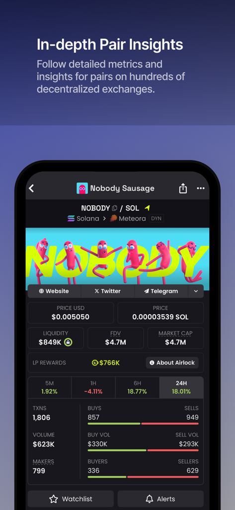Application mobile DEX Screener montrant des métriques et des informations détaillées pour une paire de tokens de cryptomonnaie
