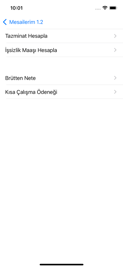 Mesailerim - Mobile app screen showing a menu of payroll calculation tools in Turkish including severance and gross to net salary options