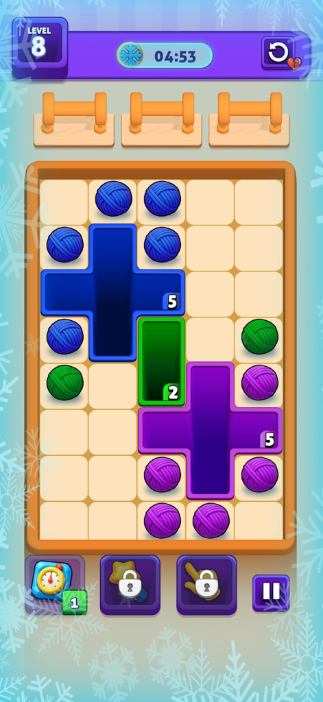Drop Color Match: Block Puzzle - Gameplay screen of Drop Color Match showing blue purple and green yarn balls being sorted into matching shaped blocks