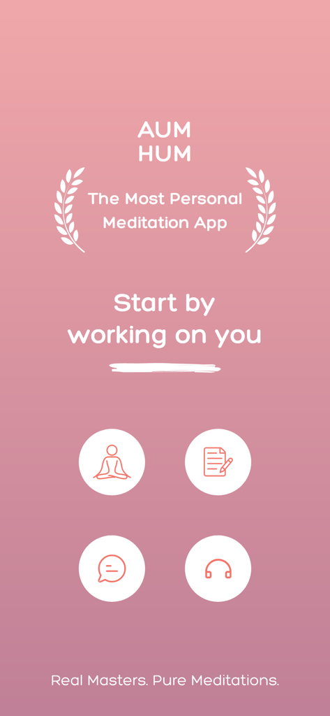 AUMHUM Self-Care & Sleep - AUMHUM personal meditation app welcome screen with self care icons