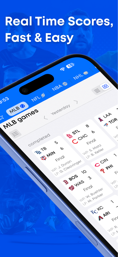 Aplicación Alertas Deportivas en un iPhone mostrando resultados y marcadores de MLB en tiempo real