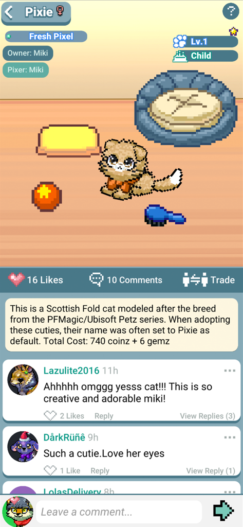 Gato de pixel art llamado Pixie en una habitación con accesorios virtuales y una sección de comentarios de la comunidad.