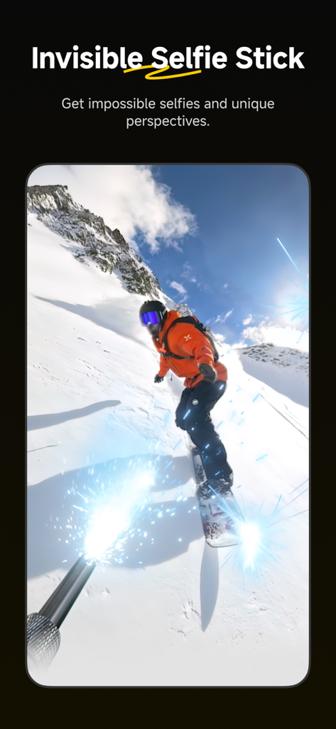 Insta360 - Ein Snowboarder auf einem Berg, der die Funktion des unsichtbaren Selfie-Sticks in der Insta360-App verwendet