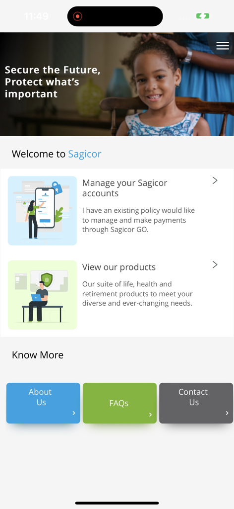 Sagicor Go app welcome screen with options to manage insurance accounts and view products