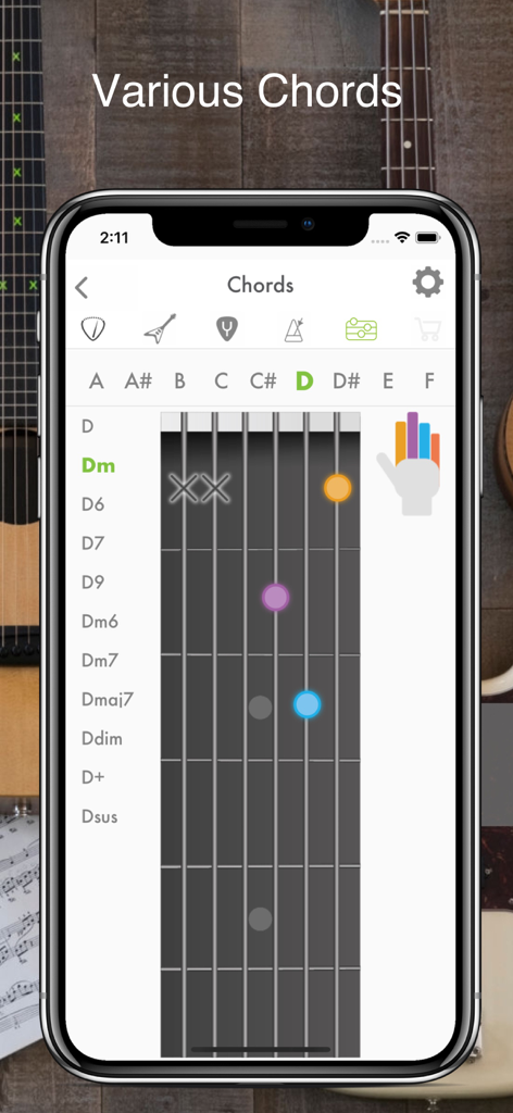 Guitar Tuner: Bass and Ukulele - Biblioteca de acordes de guitarra mostrando o posicionamento dos dedos para Ré menor em uma escala
