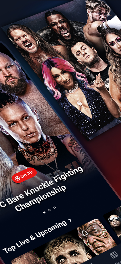 TrillerTV: Live Sports - Interfaccia dell'app TrillerTV con sport da combattimento dal vivo, banner di wrestling ed eventi imminenti.