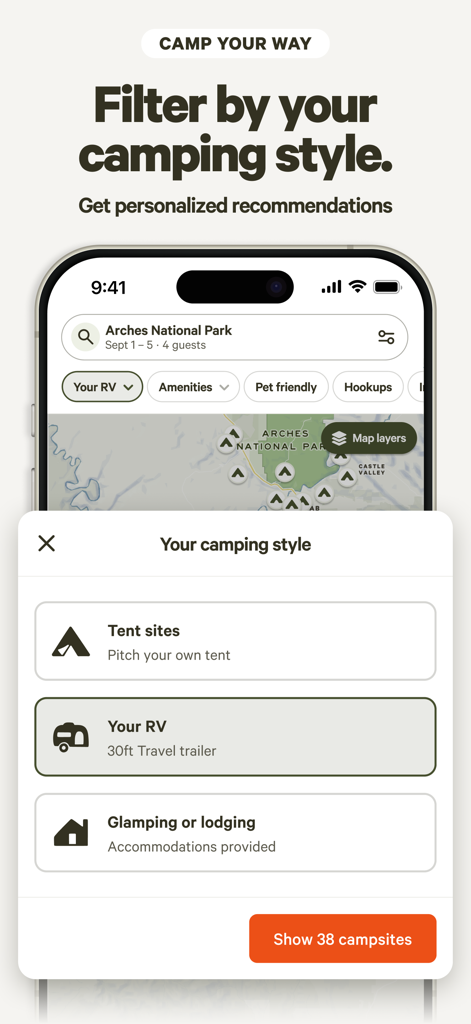 Hipcamp app interface showing options to filter search results by tent sites, RV, or glamping and lodging