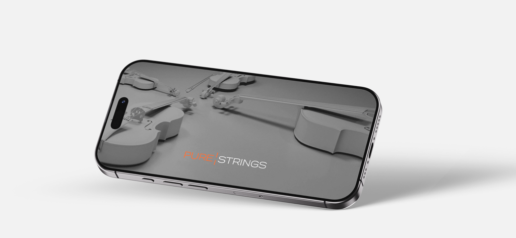 Pure Strings Instrument & AUv3 - Smartphone displaying the Pure Strings app splash screen with string instruments.