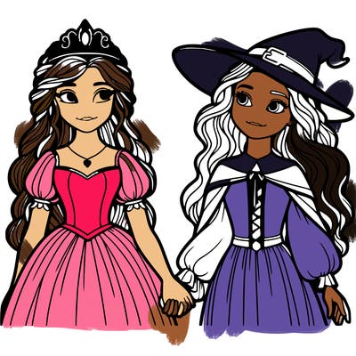 a princess and a witch holding hands realistic