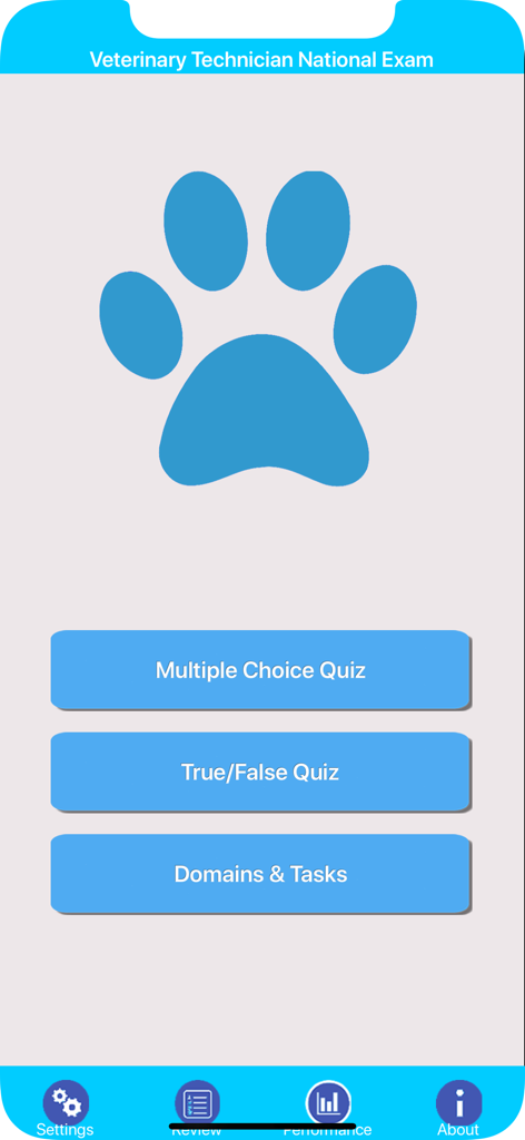 Veterinary Technician Exam - Hauptmenü der Veterinärtechniker-Prüfungs-App mit Quizmodi und einem blauen Pfotenabdruck-Symbol