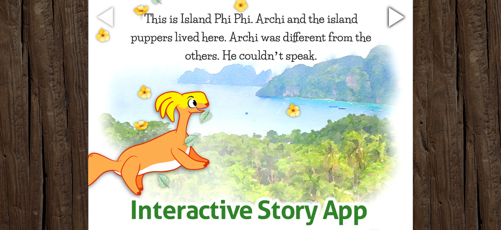 Read Along Book - Archi - Página de aplicación de historia interactiva que presenta a Archi, el personaje, en la isla Phi Phi.