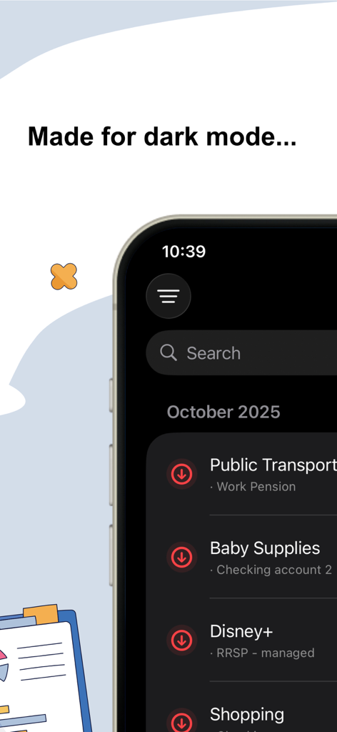 Wise budget - Wise Budget app transaction list in dark mode
