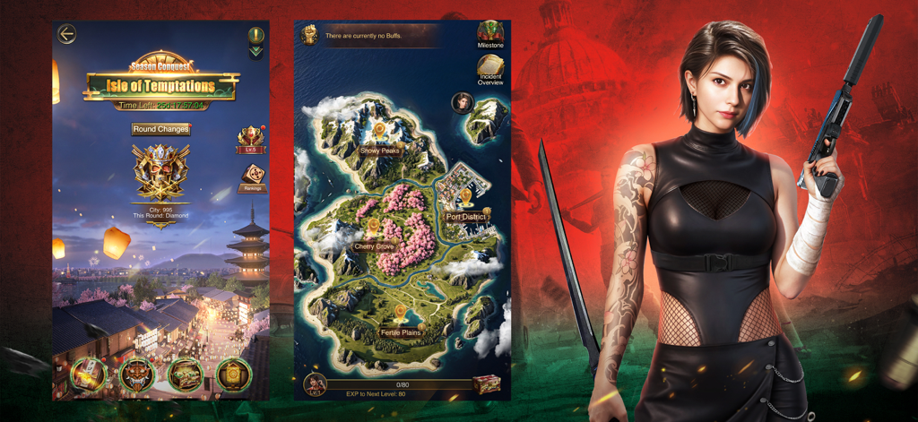 Mafia City War of Underworld screenshots showing the Isle of Temptations conquest map and a female crew member character with a gun and katana