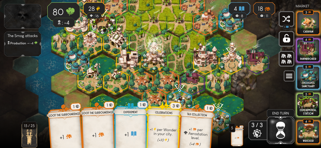 Dawnmaker - Strategic gameplay of Dawnmaker showing a hex-based city under construction with cards for actions and building choices