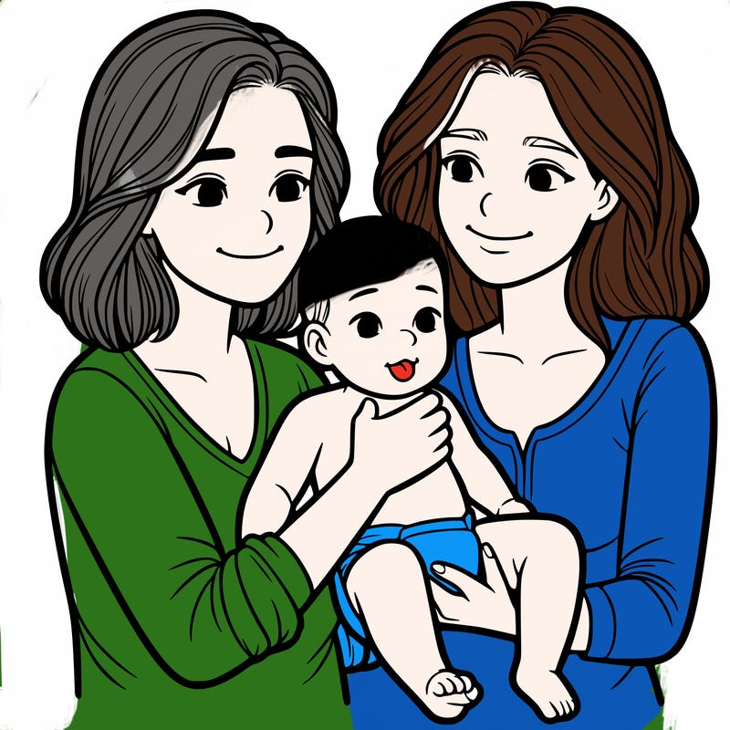 two realistic women holding one baby together