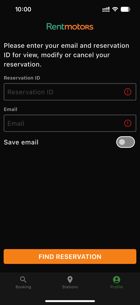 Rentmotors rent-a-car - Rentmotors 모바일 앱 화면, ID 및 이메일을 사용하여 렌터카 예약 찾기 기능