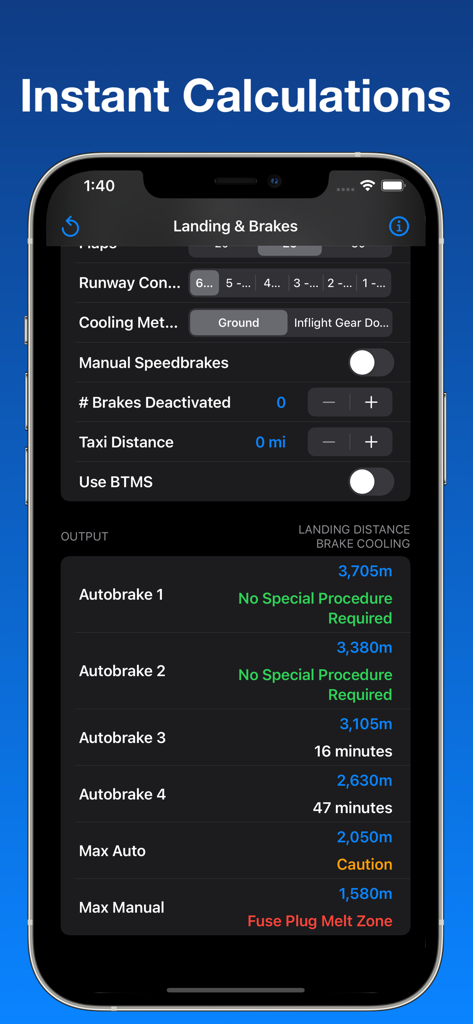 B777/787 Landing & Brake Tool - B777 and B787 landing distance and brake cooling calculation results shown in dark mode UI