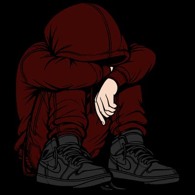 depressed man wearing hoodie and jordan shoes and baggy jeans