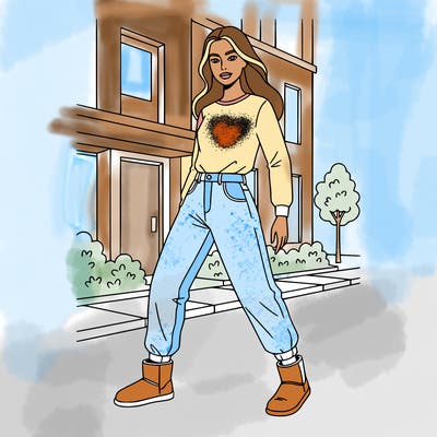 brown hair and brown eyes and tanned skin baggy pants
 jeans uggs with beautiful make up and long hair