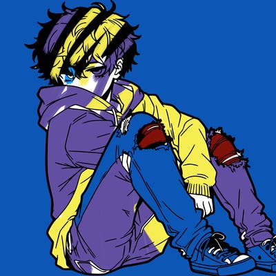 a male hoddie ripped jeans messy hair anime