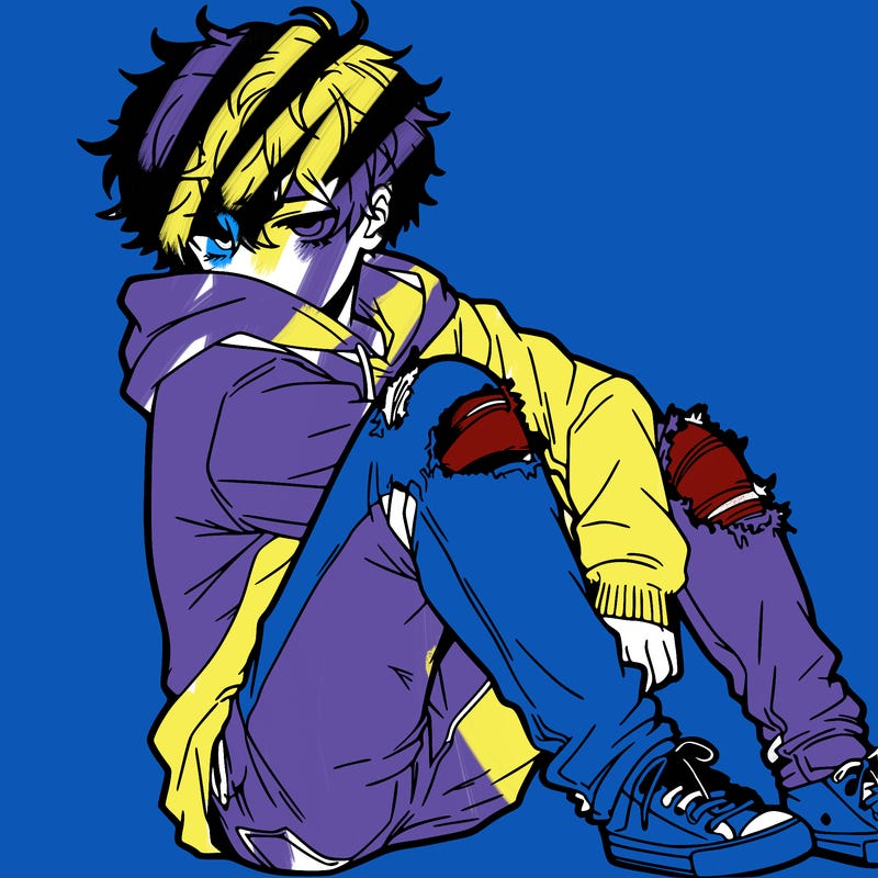 a male hoddie ripped jeans messy hair anime