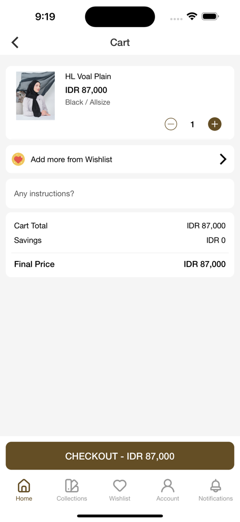 Heaven Lights - Shopping cart screen of the Heaven Lights app showing a black hijab ready for checkout