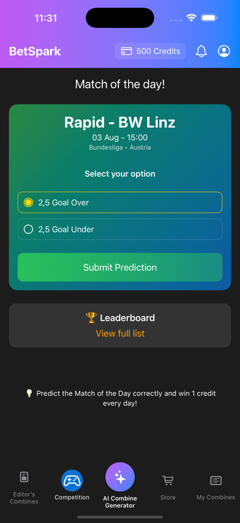 BetSpark - Betting Tips - Interfaz de la aplicación BetSpark que muestra el concurso diario de predicción de partidos