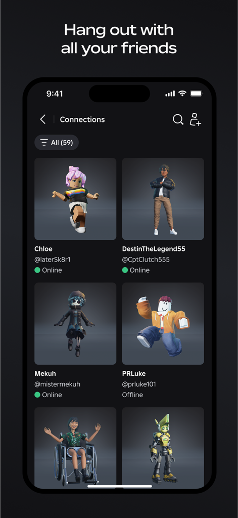 Roblox - Roblox mobile app friends list showing custom avatars and online status indicators