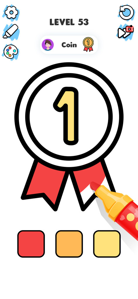 Color ASMR Game: Coloring Page - A digital coloring page of a number one award ribbon being filled with a red marker in the Color ASMR Game.