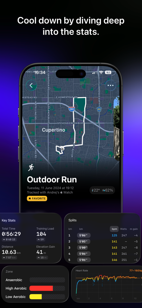 The Outsiders: Athlete Tracker - Uma tela detalhada de resumo de treino mostrando estatísticas de corrida e um mapa de rota no aplicativo outsiders