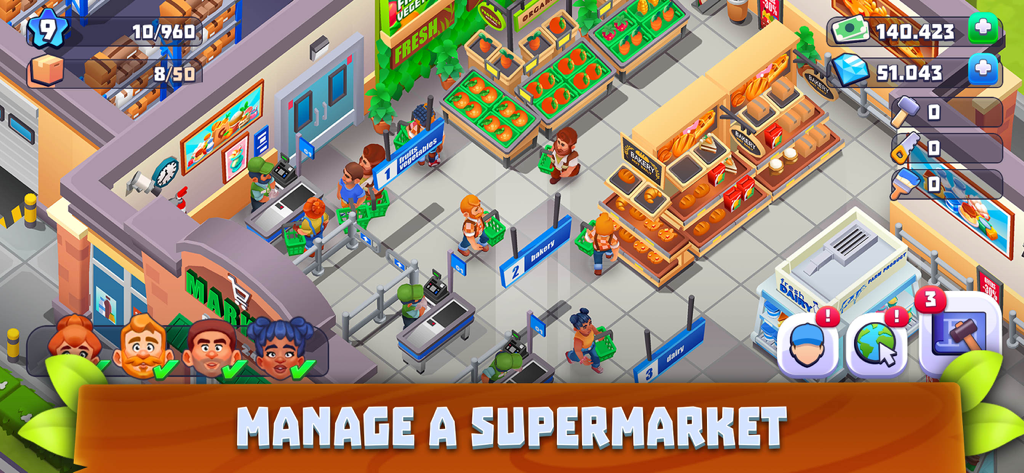 Supermarket Village—Farm Town - Top down view of a busy supermarket interior in Supermarket Village showing customers and food sections