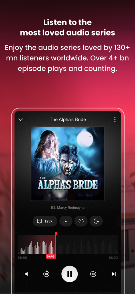 Pocket FM: Audio Series - Interfaz de la aplicación Pocket FM mostrando un reproductor de audio para una serie romántica titulada The Alpha's Bride